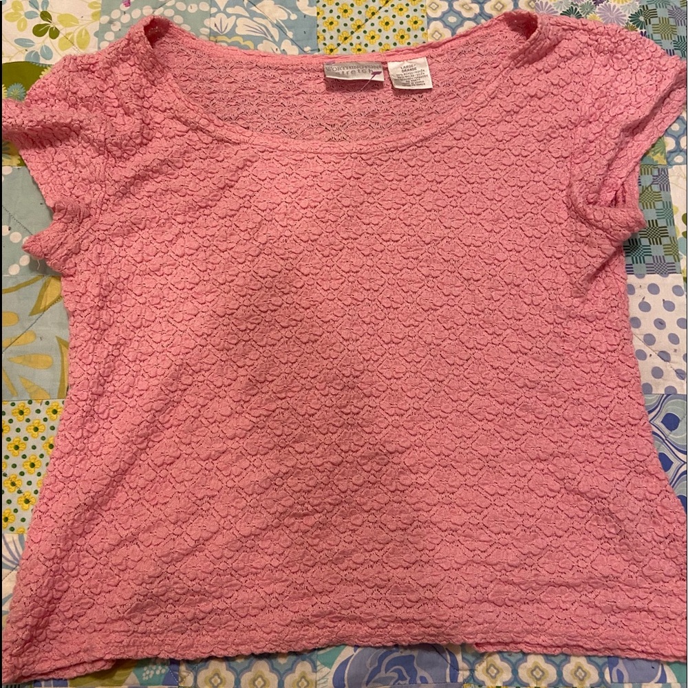 pink flowered texture crop short sleeve shirt